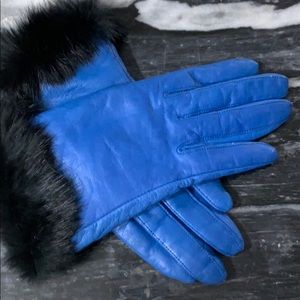 Blue Leather Gloves with Black Fur Trim